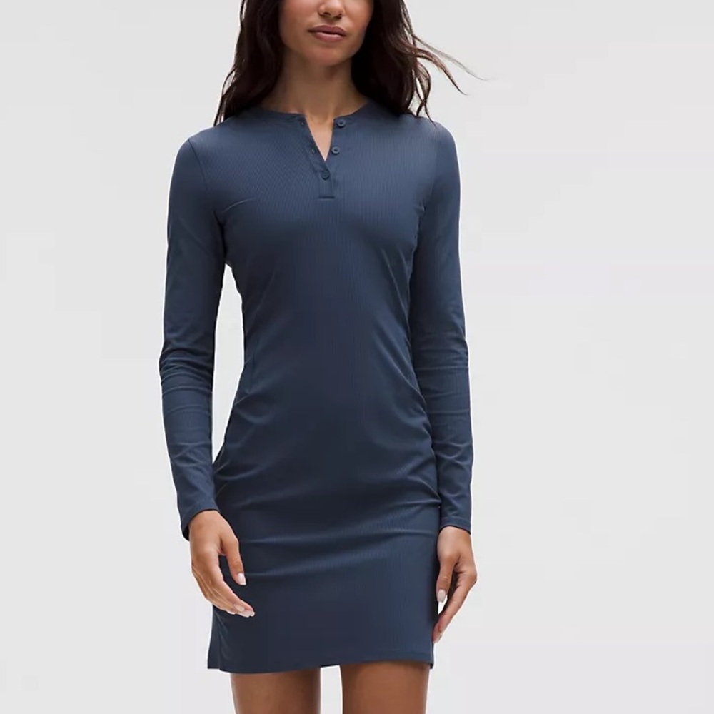 New Lululemon All Aligned Ribbed Long-Sleeve Henley Dress Blue Twill